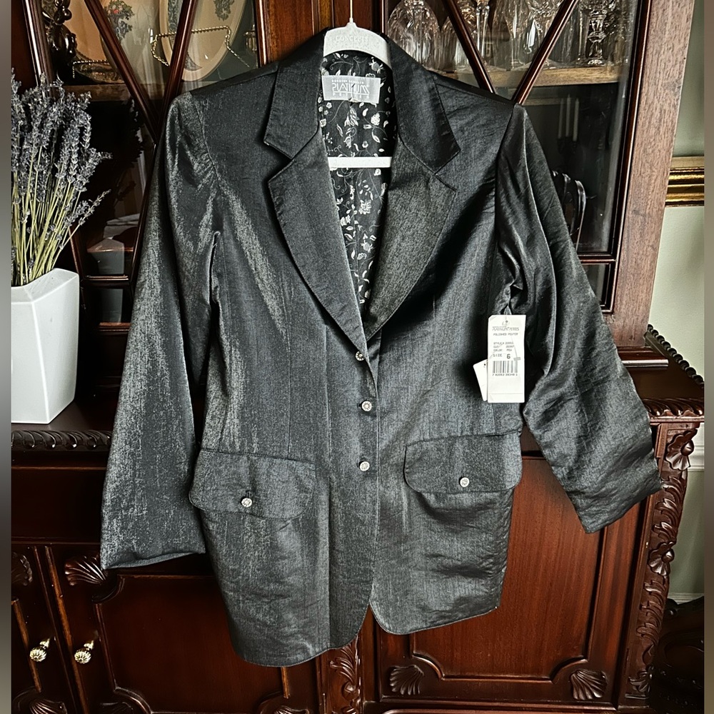 Dorothy Schoelen Platinum Vintage Silver Metallic Jacket Blazer Crystal Button